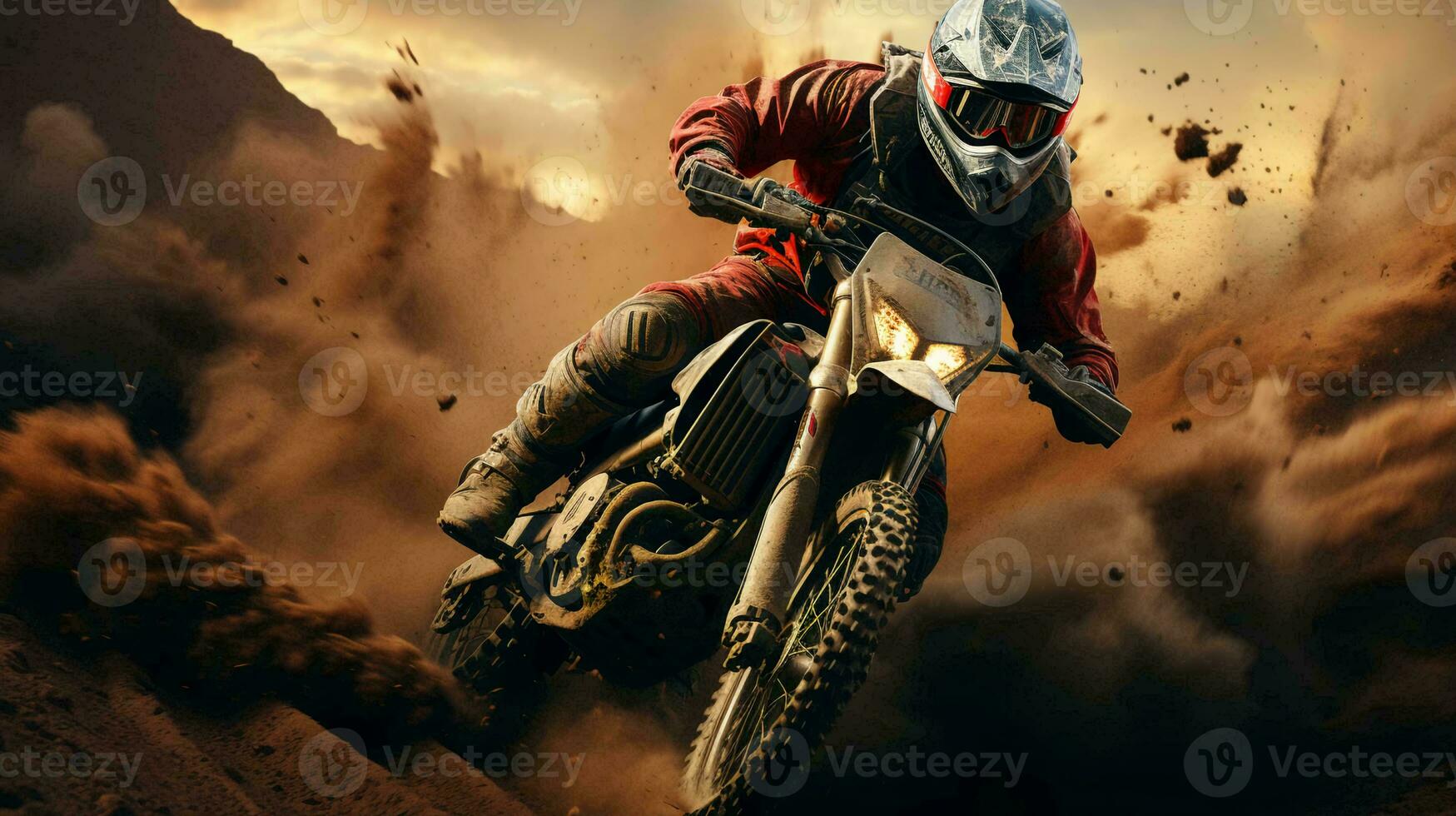 A motorcyclist on a motorcycle quickly rides through the dirt and dust on the track during a motocross competition photo