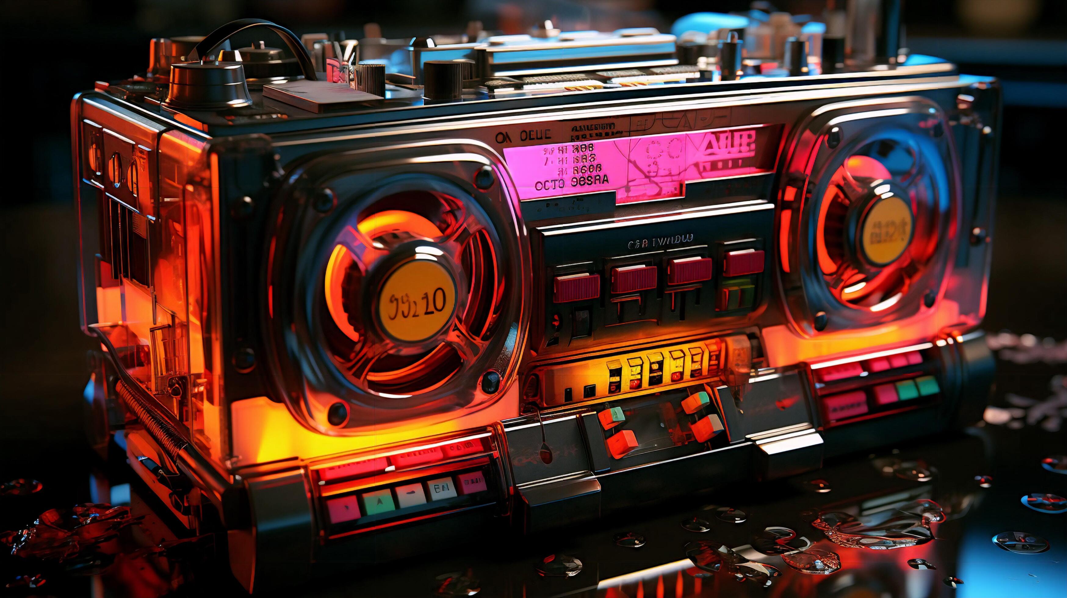 Old stylish vintage audio retro music cassette tape recorder poster