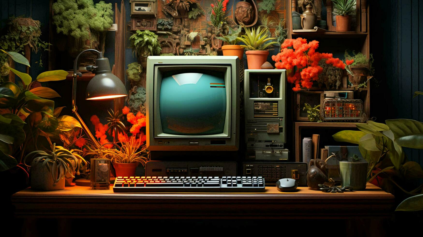 Old stylish vintage retro personal computer for video games and work poster from the 80s 90s photo