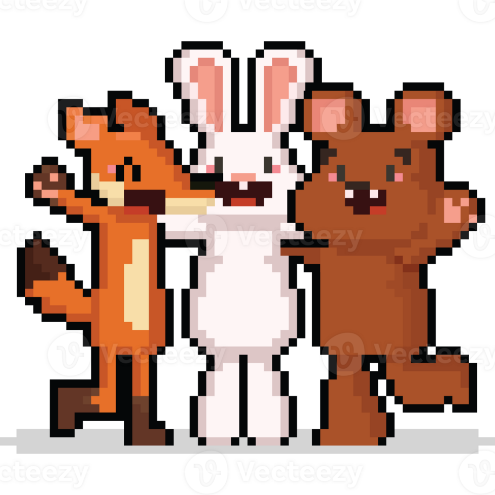 Pixel art cartoon group of animal friend character png