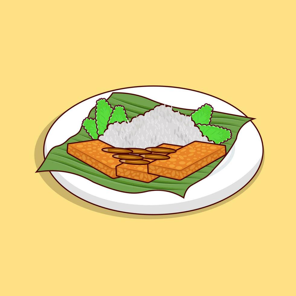 Detailed nasi lemak or white rice with tofu and tempe illustration for food icon, illustration of asian food icon vector
