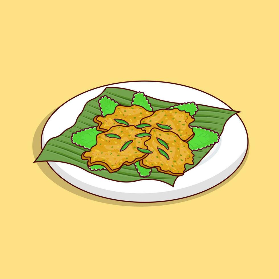 Bakwan sayur or vegetable fritter with lettuce on green leaf and white plate, indonesian snack, asian food, detailed of bakwan and lettuce for asian food vector