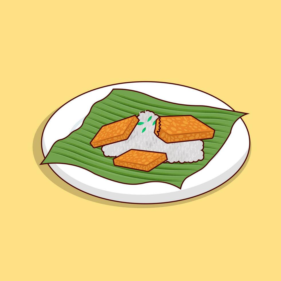 Detailed tempe with rice on plate illustration for food icon, asian food icon illustration vector