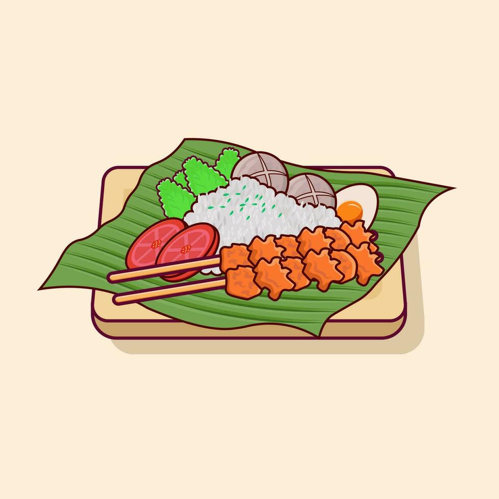 Detailed nasi lemak or white rice with tofu and tempe illustration for food icon, illustration of asian food icon vector