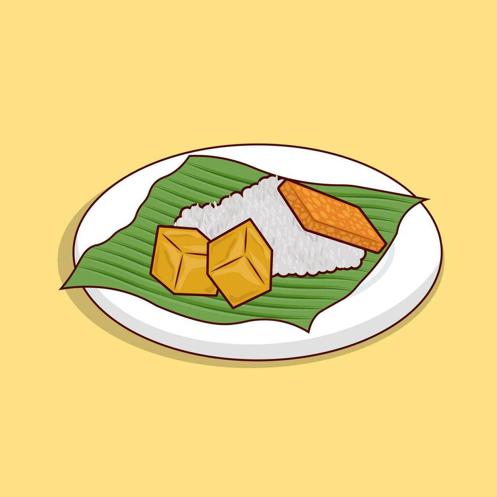 Detailed nasi lemak or white rice with tofu and tempe illustration for food icon, illustration of asian food icon vector