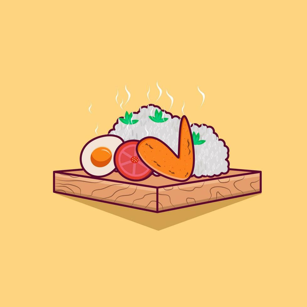 Detailed nasi lemak and tempe with chicken wing on plate illustration for food icon vector