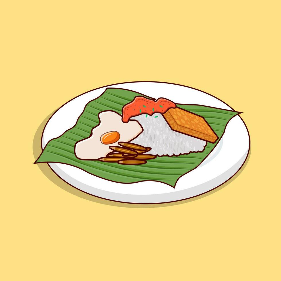 Detailed nasi lemak or white rice with tofu and tempe illustration for food icon, illustration of asian food icon vector