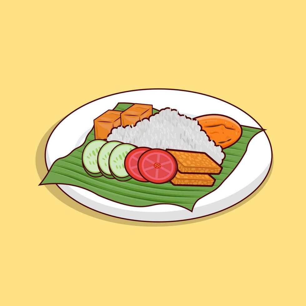 Detailed nasi lemak or white rice with tofu and tempe illustration for food icon, illustration of asian food icon vector