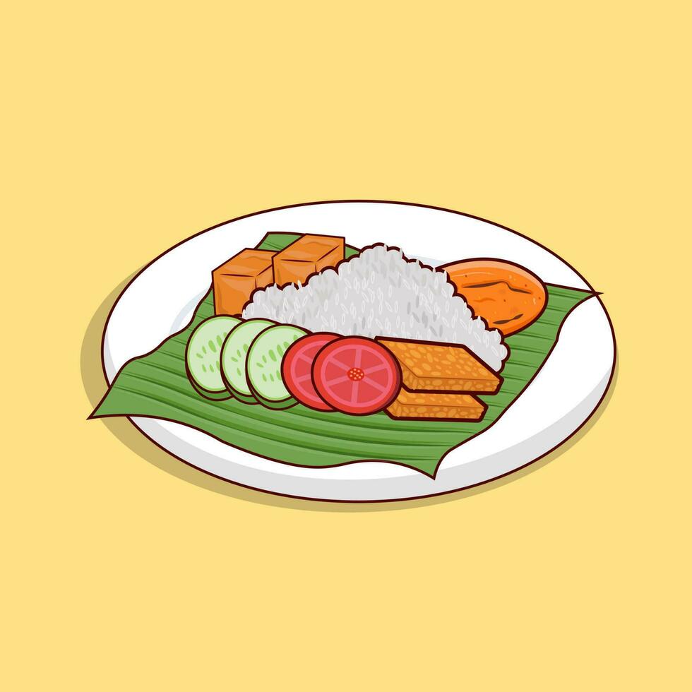 detallado nasi lemak o blanco arroz con tofu y tempe ilustración para comida icono, ilustración de asiático comida icono vector