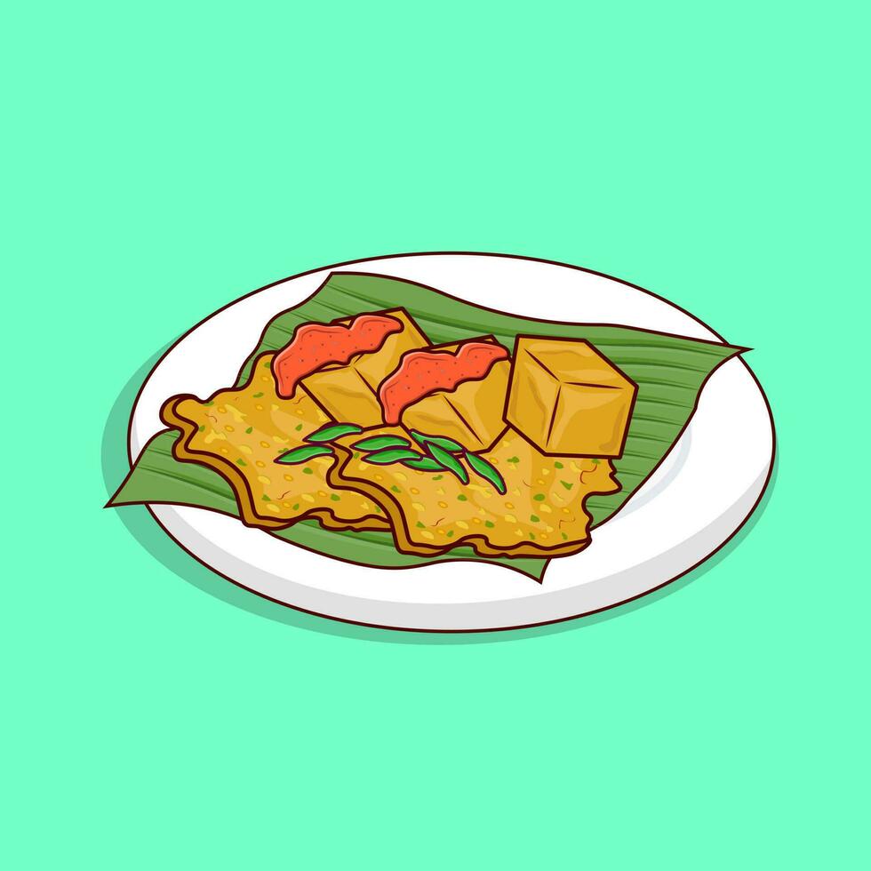 Bakwan sayur or vegetable fritter with tofu and chili, indonesian snack, asian food vector