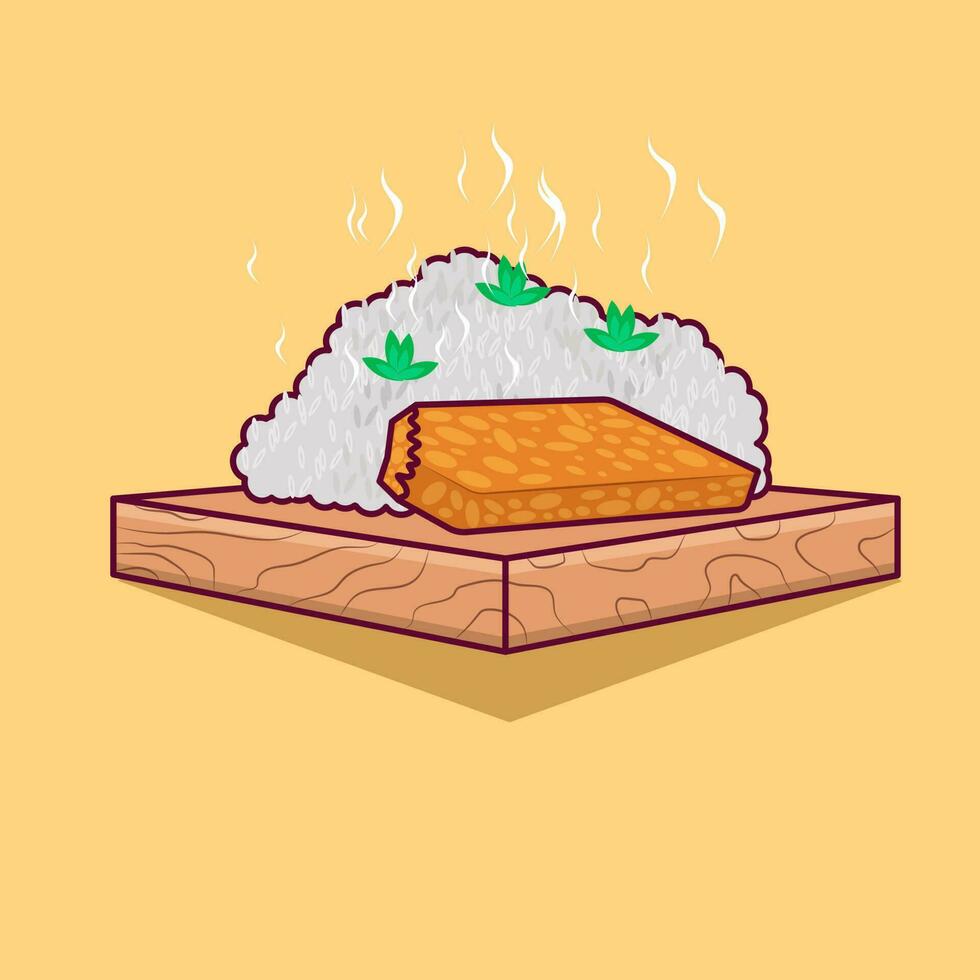 Detailed nasi lemak and tempe on wooden plate illustration for food icon vector