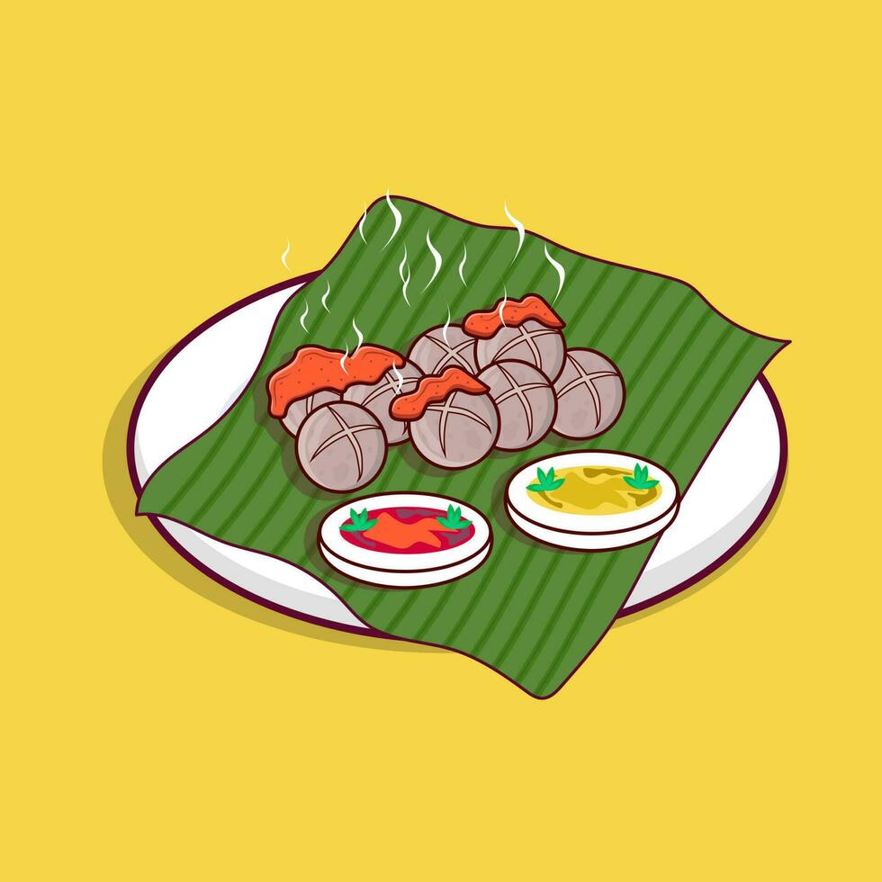 Detailed of hot meatball with sauce on banana leaf for asian food icon illustration vector