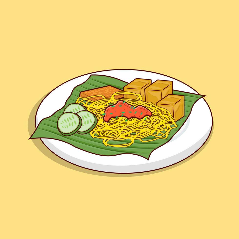 Detailed noodle, chips, sauce and chips illustration for asian food icon, noodle on green leaf on white plate for food icon illustration, traditional food vector