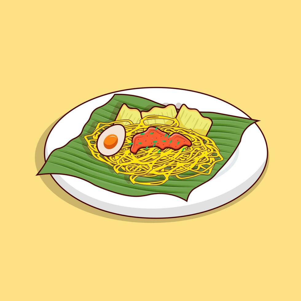 Detailed of noodle with chips and egg on banana leaf for asian food icon illustration vector