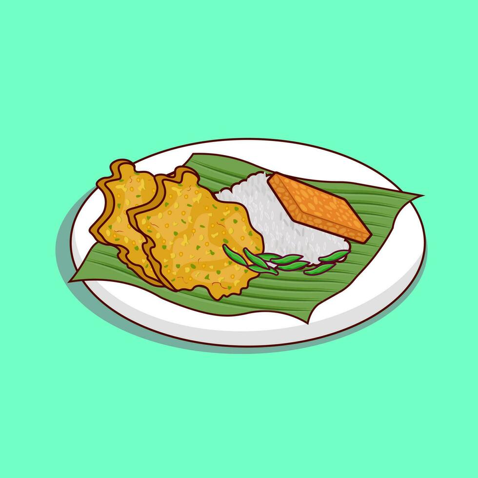 Bakwan sayur or vegetable fritter with chilli and rice on green leaf and white plate, indonesian snack, asian food, detailed of bakwan and lettuce for asian food vector
