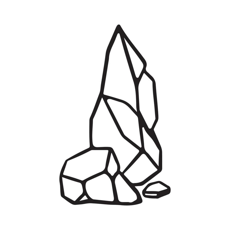 A group of rocks with one tall and sharp rock vector illustration outline only for coloring book isolated on square white background. Simple flat cartoon art styled drawing monochrome.