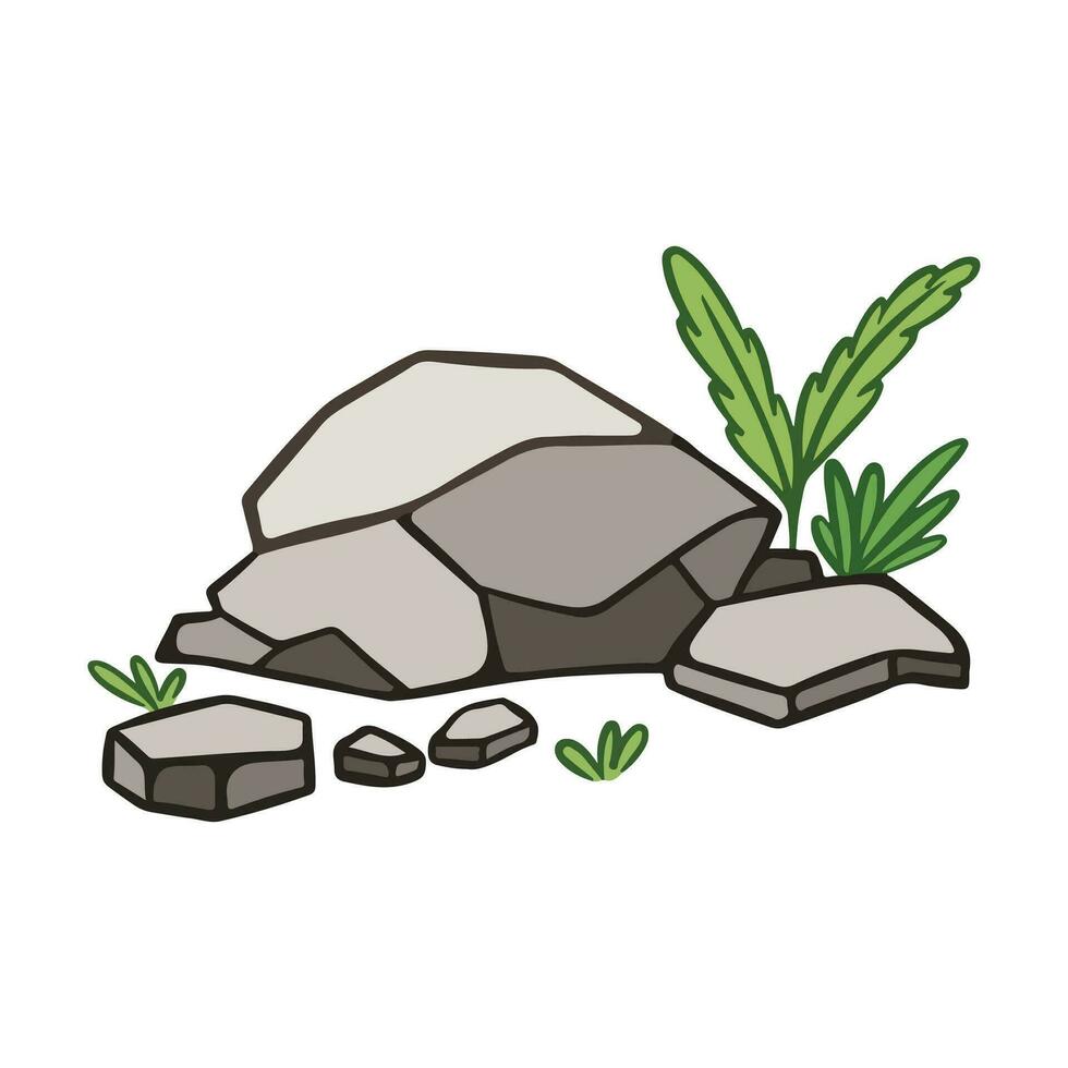A small group of warm gray colored stones and a few leaves decoration vector illustration outlined isolated on square white background. Simple flat cartoon art styled drawing.