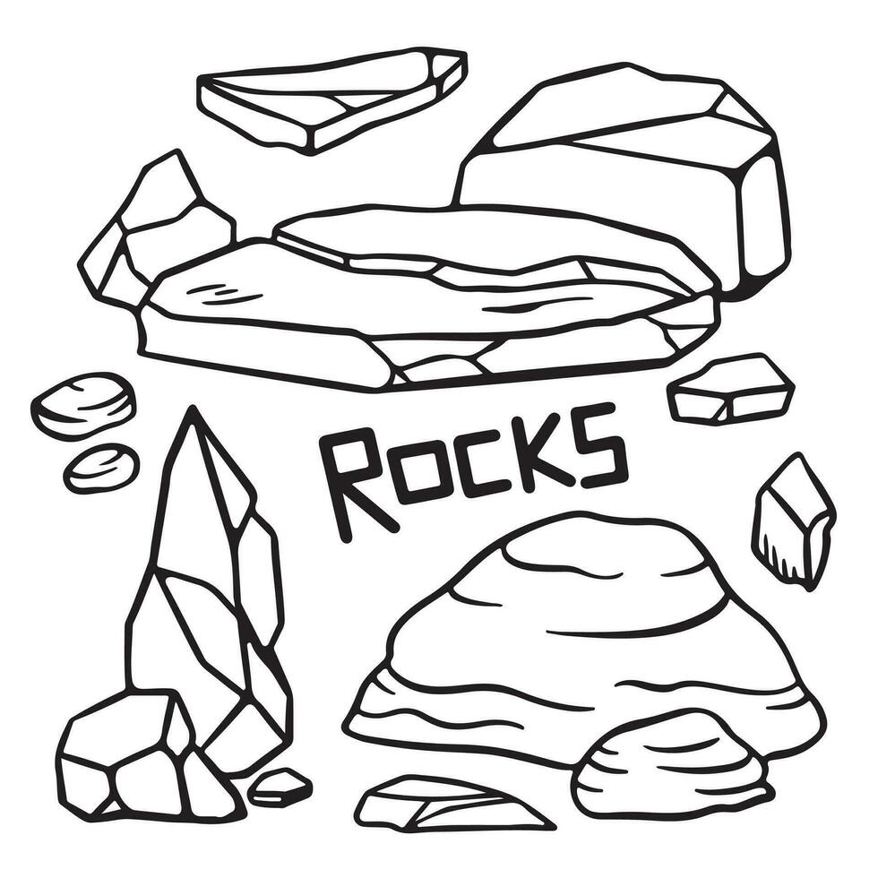 un manojo de rocas y piedras vector ilustración contorno solamente para colorante libro aislado en cuadrado blanco antecedentes. sencillo plano dibujos animados Arte estilizado dibujo monocromo. natural objeto áspero piedras