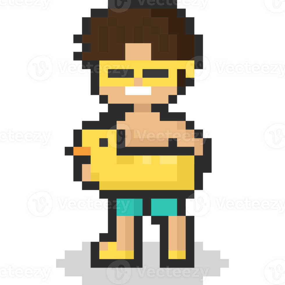 Pixel art the boy character in summer mood with duck swimring png