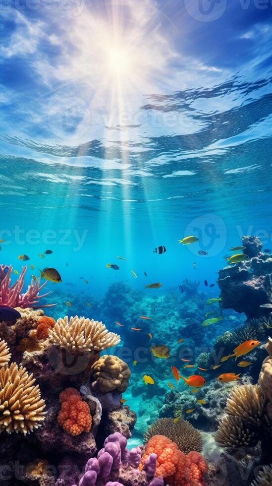 Enchanting underwater scene of a vibrant, multi-colored coral reef teeming with diverse fish photo
