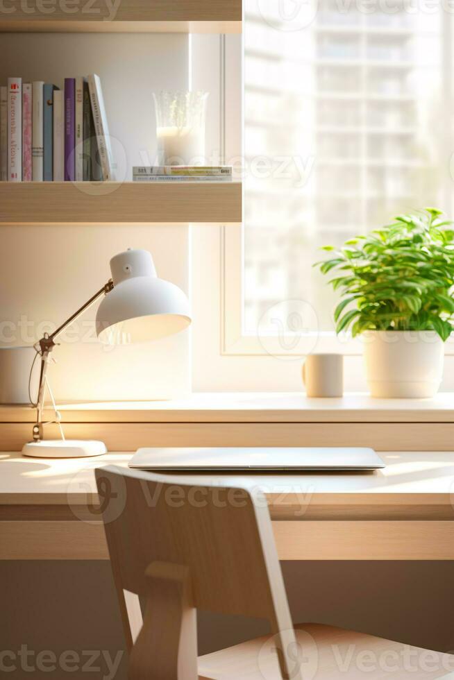 Natural Sunlight Illuminating a Minimalistic Contemporary Workspace with Copyspace AI Generative photo