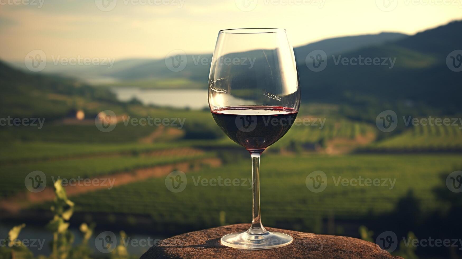 Close-up of Glass of Red Wine Reflecting Vineyard Landscape Offering Serene Ambiance photo