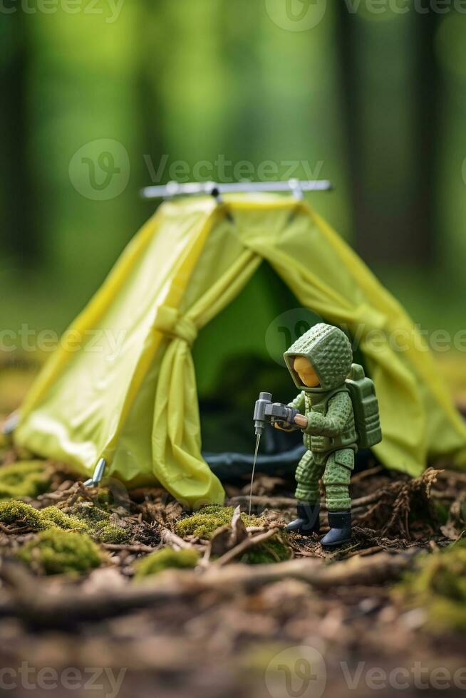 Comedy in Wilderness - Hiker's Amusing Attempt at Toy Tent Pitching AI Generative photo