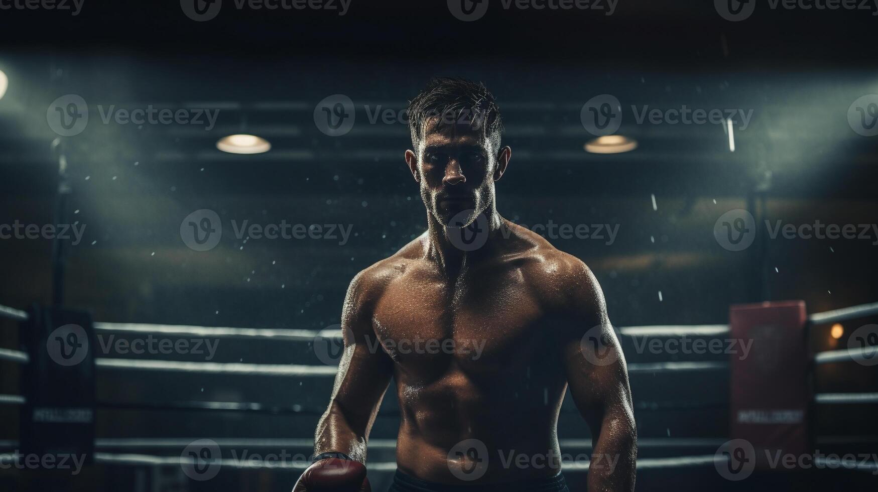 debajo el boxeo anillo luces - un historia de fuerza y determinación ai generativo foto