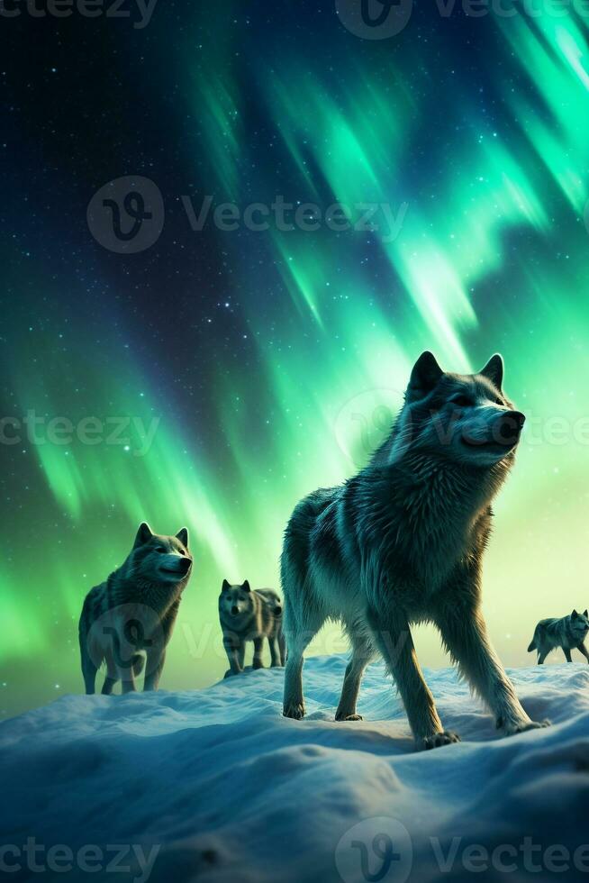 Surreal image of a pack of wolves in a winter wonderland under the dancing northern lights AI Generative photo