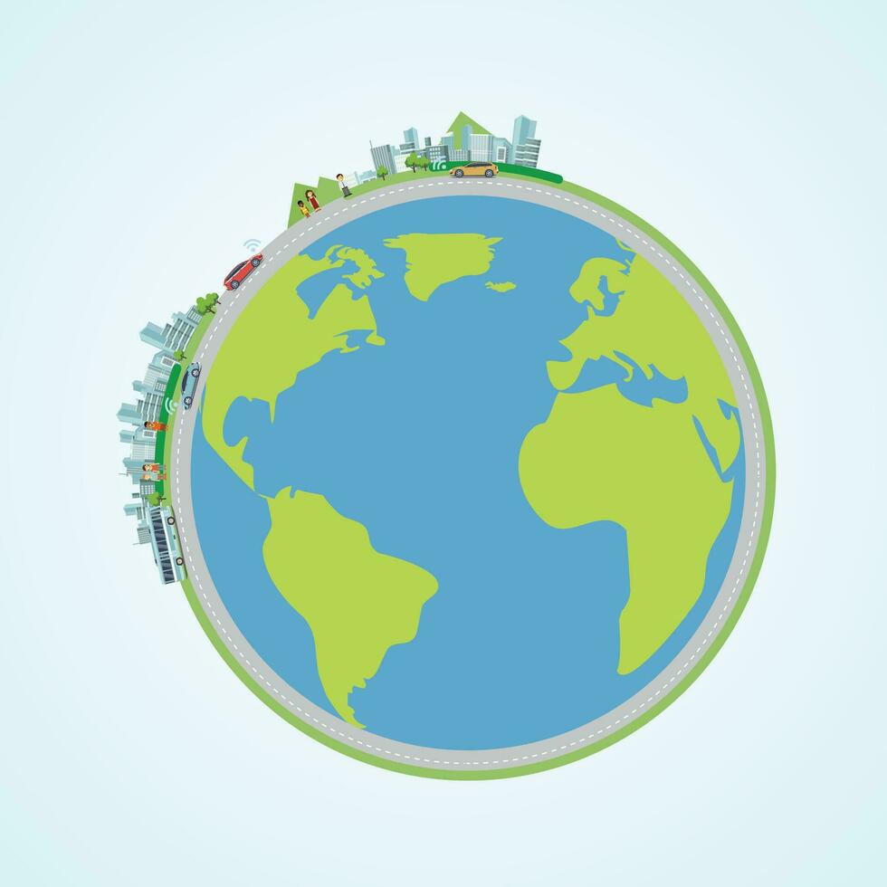 Globe Surrounded by street and ecofriendly building Digital Vector Stock Illustrations