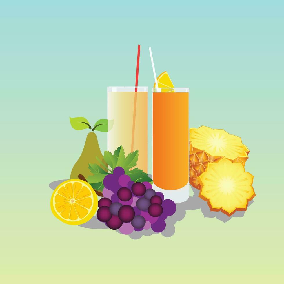 Different Fuits and Fruits Juice, orange, grape, pineapple Digital Vector Stock Illustrations