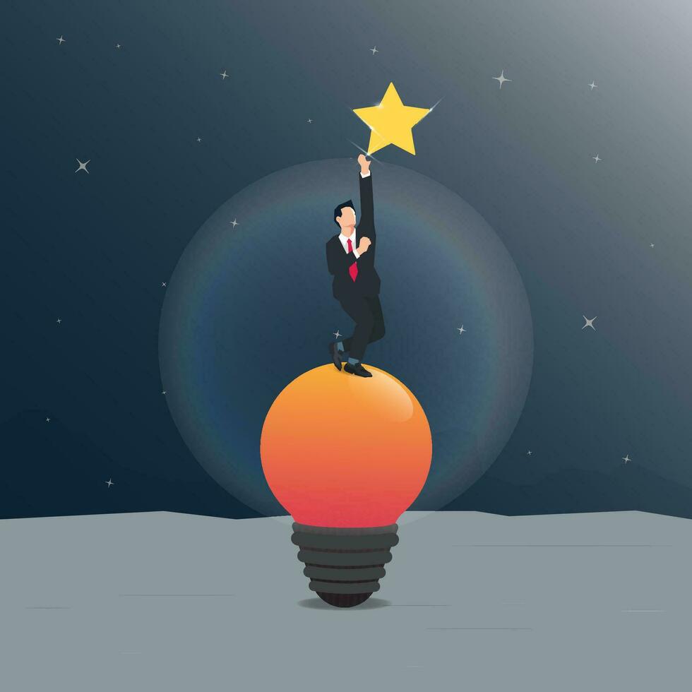 Businessman standing on light bulb reaching for the star. Achieve success design vector illustration