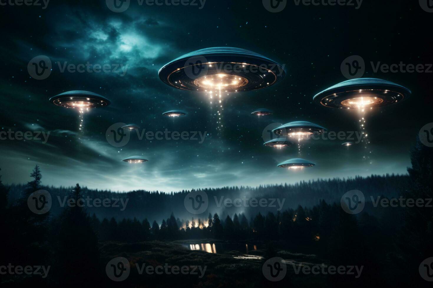 Dramatic depiction of a UFO fleet in the night sky signaling a possible alien encounter AI Generative photo
