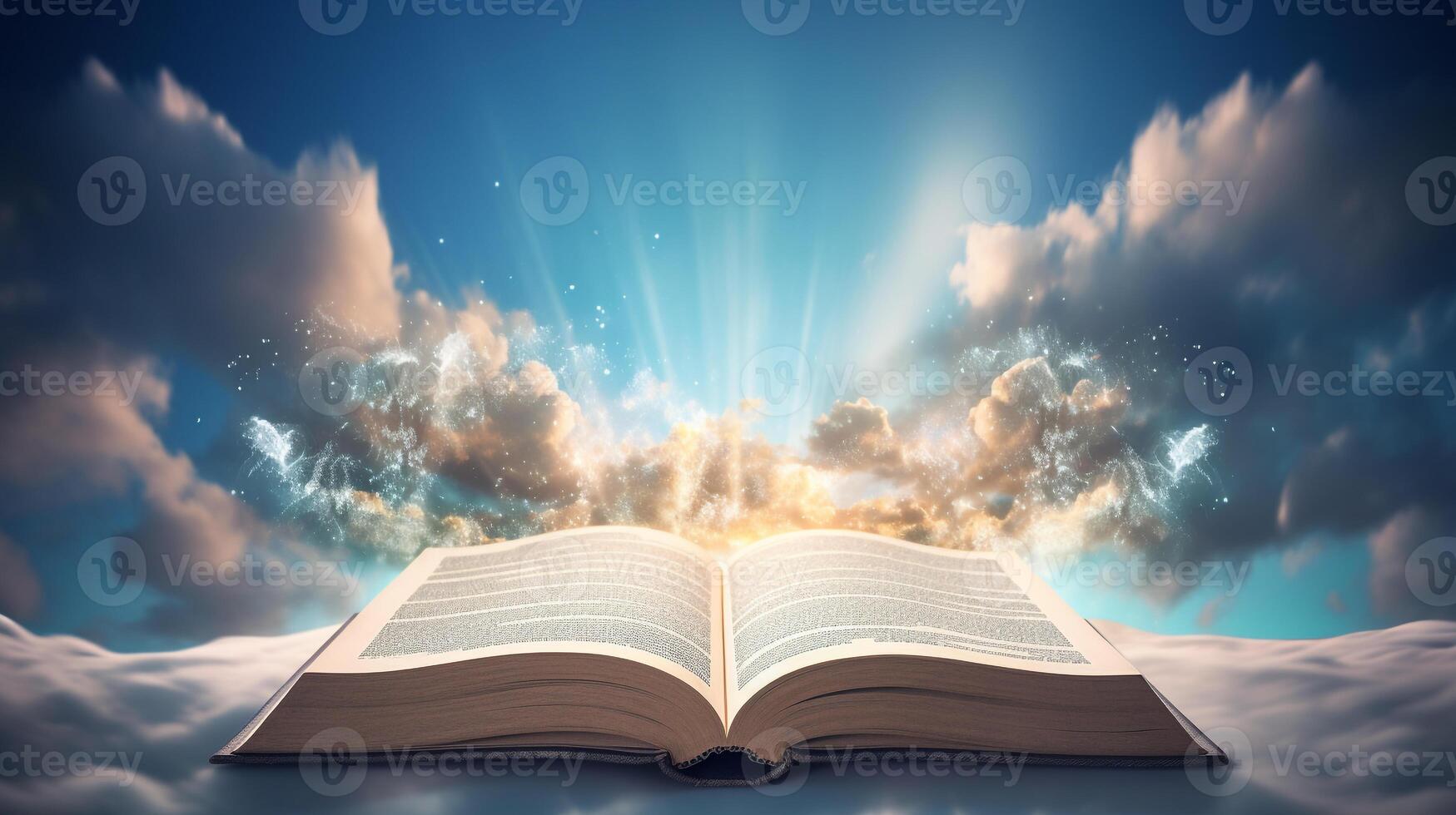 Hardcover book with floating letters against sky backdrop photo