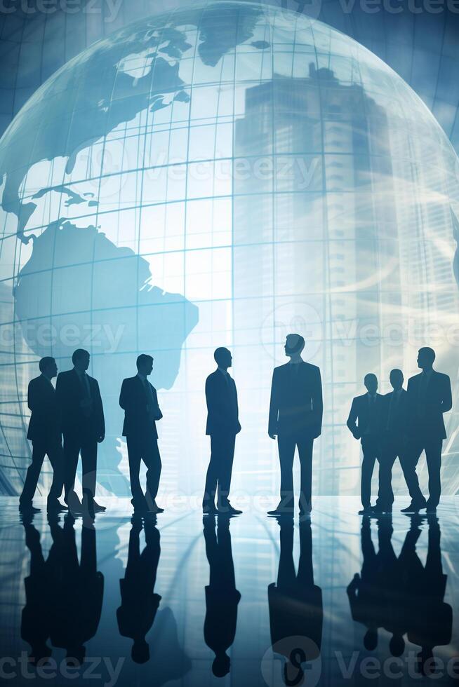 Silhouettes of business people against a large transparent globe AI Generative photo