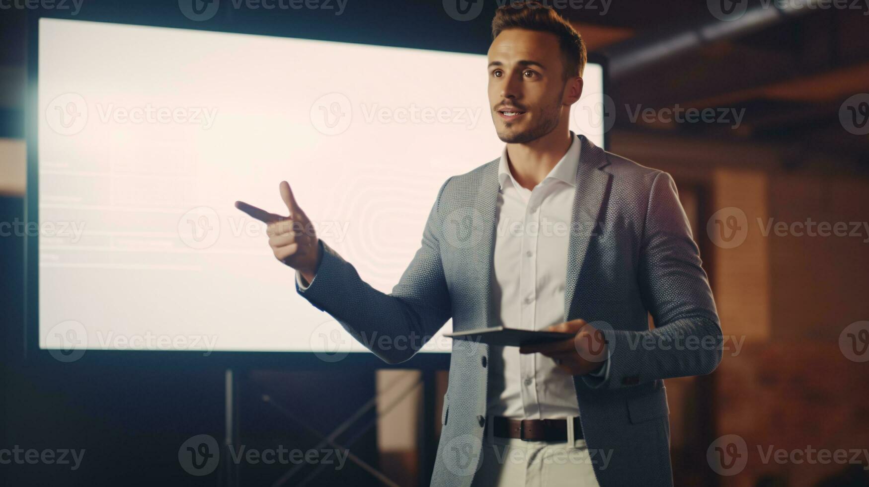 joven profesional mujer haciendo un presentación en un grande pantalla con amplio fondo copyspace ai generativo foto