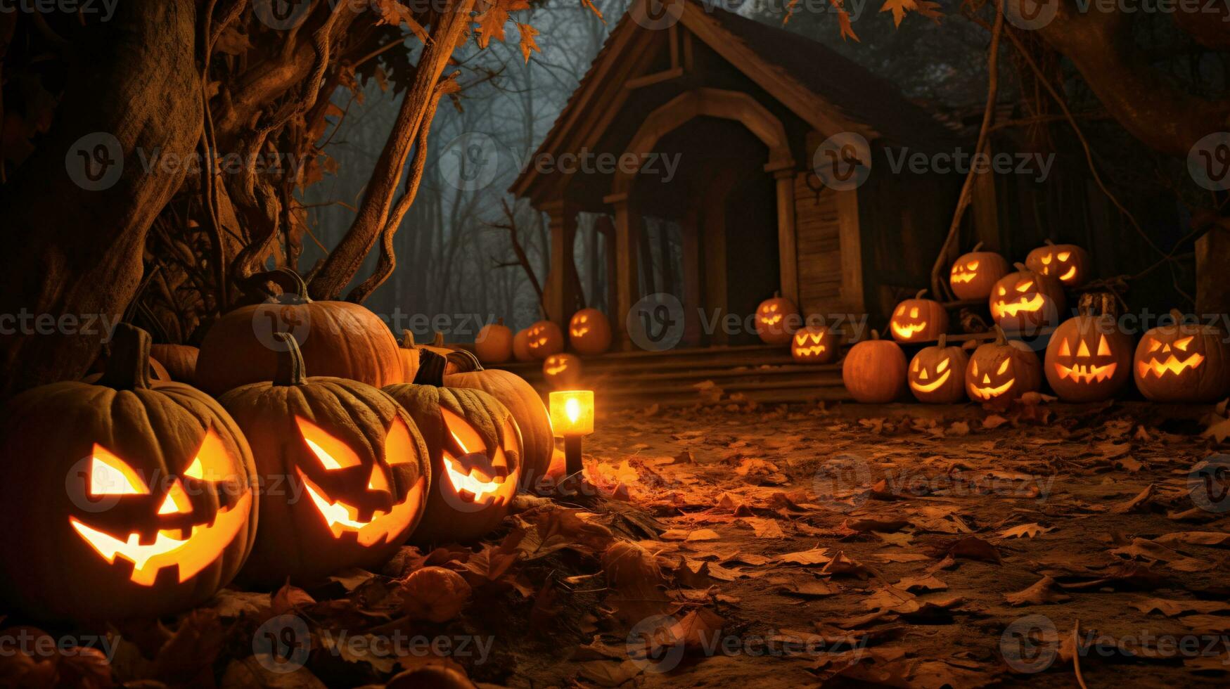 Seasonal Magic Captured in Bright Details of Haunted Houses, Jack-o-Lanterns, and Autumn Leaves AI Generative photo