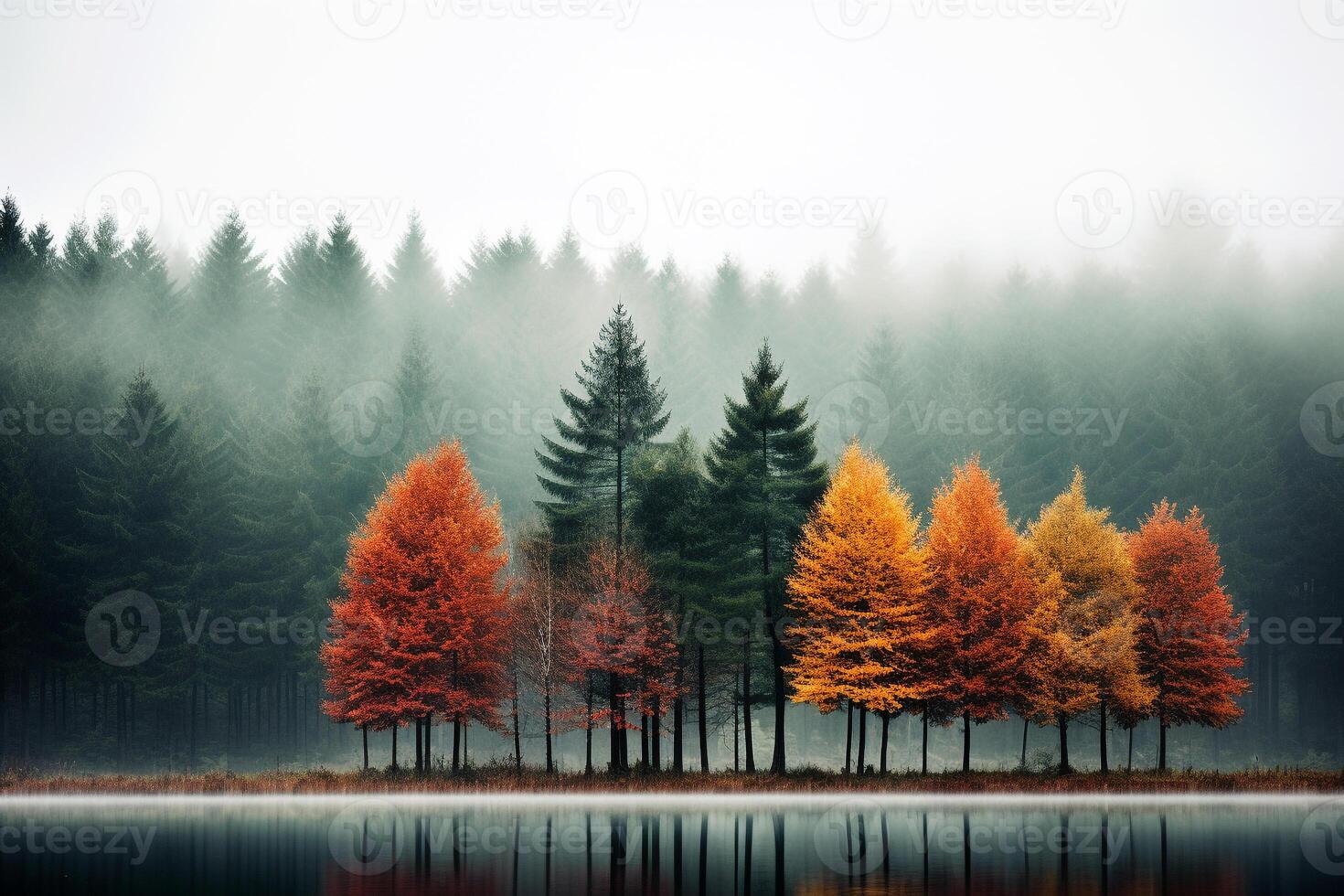 Misty forest during autumn with tall trees and multicolored leaves, providing ample copy space photo