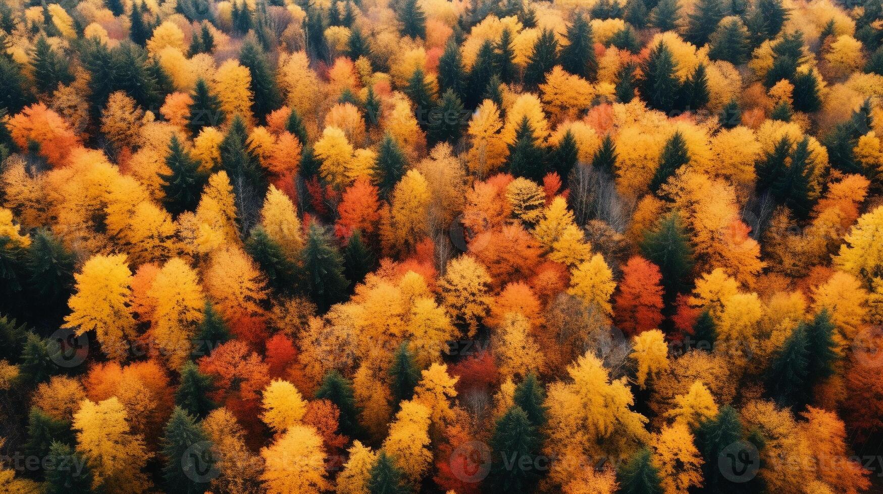 Aerial view of an enchanting autumn forest with vibrant hues of orange, red, and gold photo