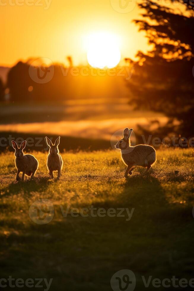 A family of wild rabbits enjoying the golden-hour view in a grassy field photo