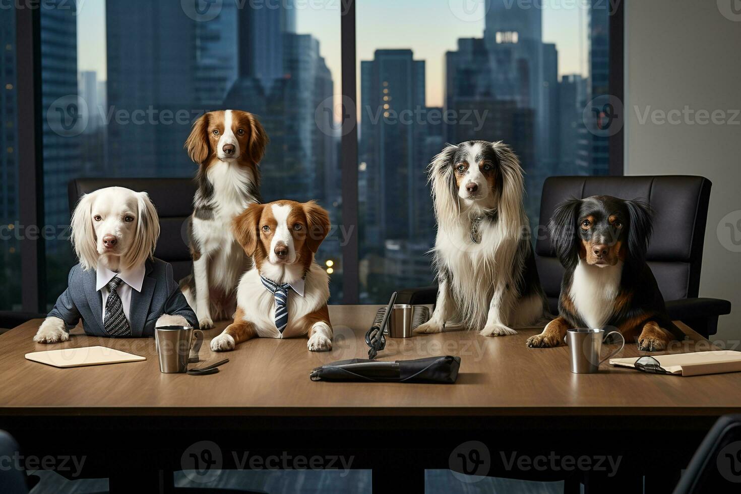 Canine Corporate Coup - Comedic Dogs Commanding a Business Meet AI Generative photo