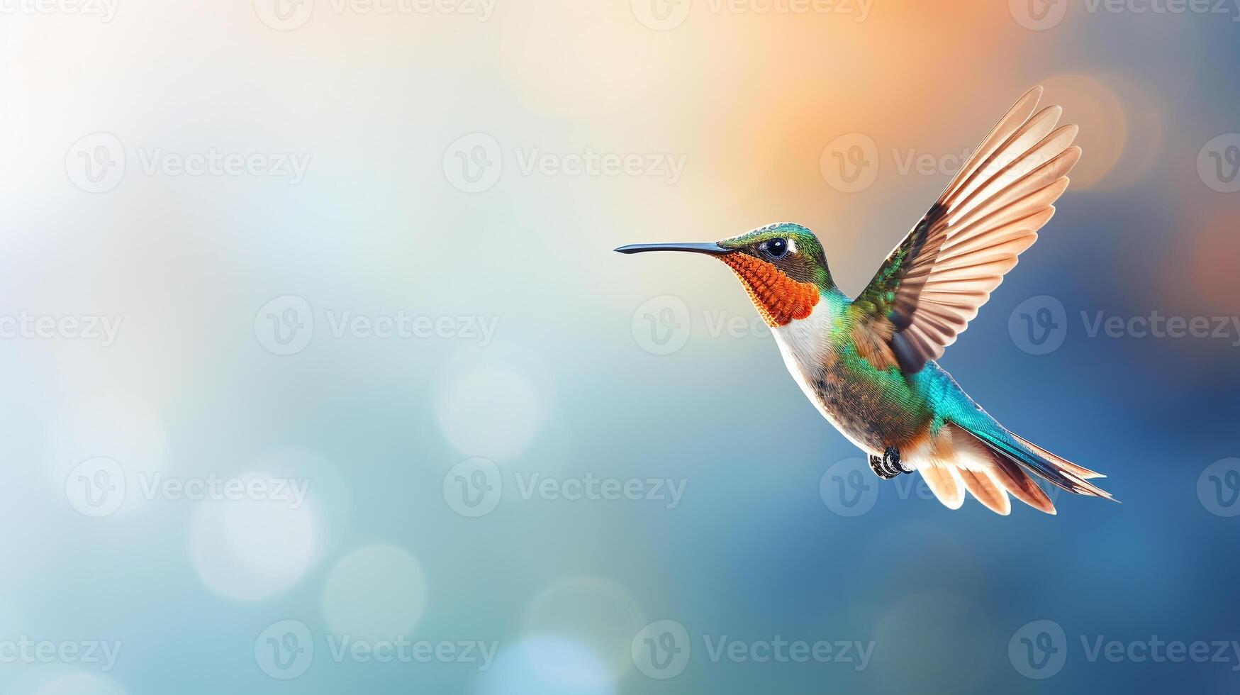 Minimalist capture of a hummingbird mid-flight sipping nectar from an exotic flower photo