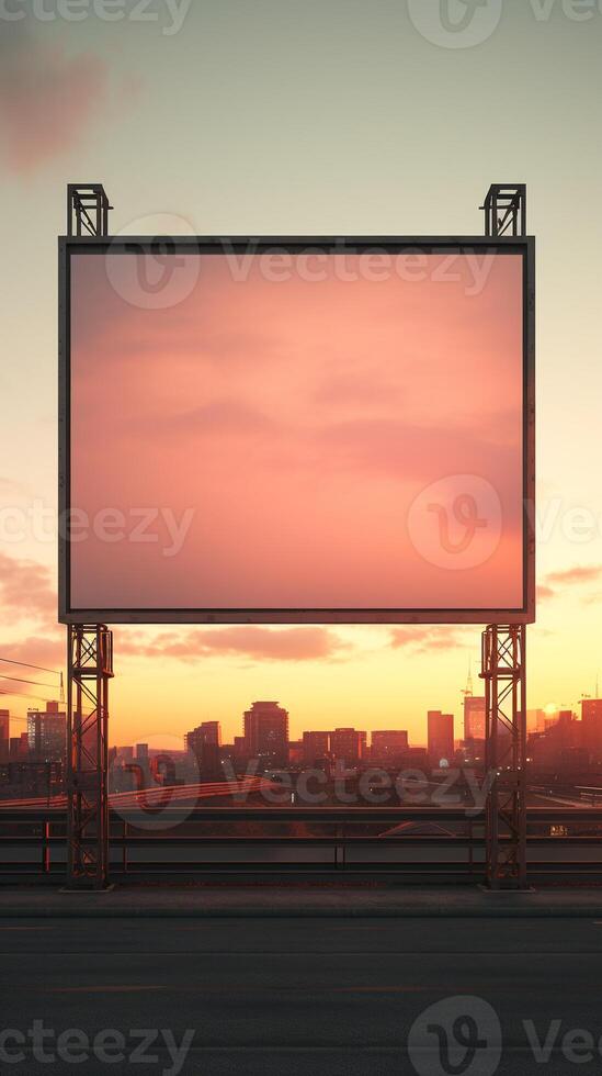 Vibrant sunset forming a fiery backdrop for a blank billboard frame, perfect for bold advertising photo