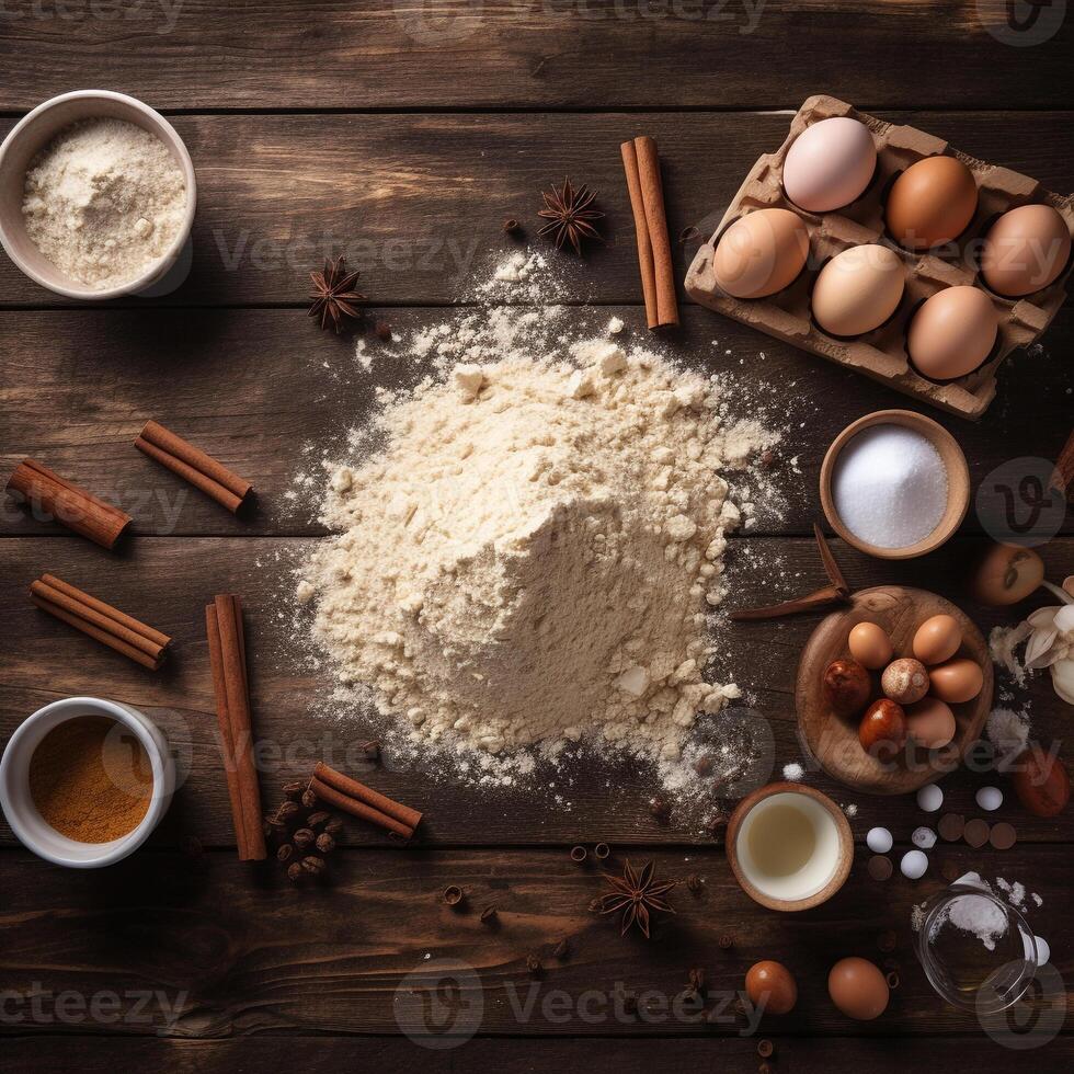 Top-down view of raw cookie dough and baking ingredients capturing the joy of baking photo