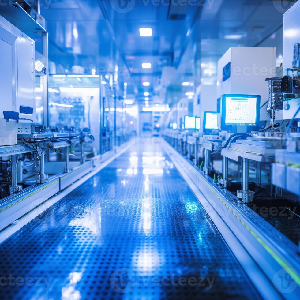 Clean-room environment in a microchip production under blue light photo