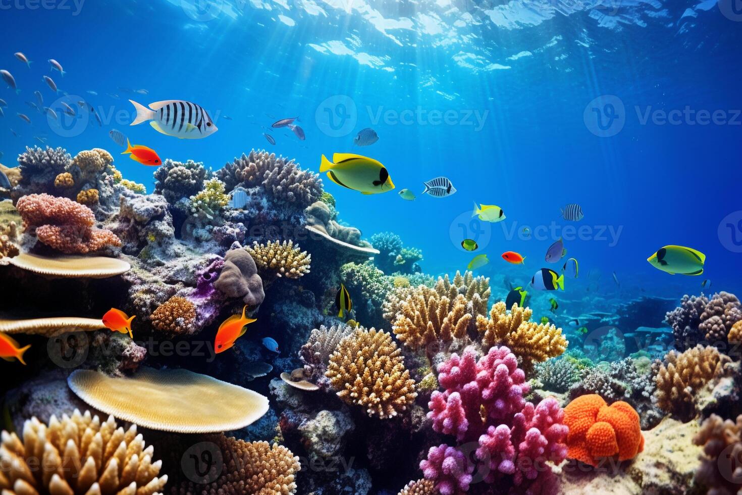 Enchanting underwater scene of a vibrant, multi-colored coral reef teeming with diverse fish photo