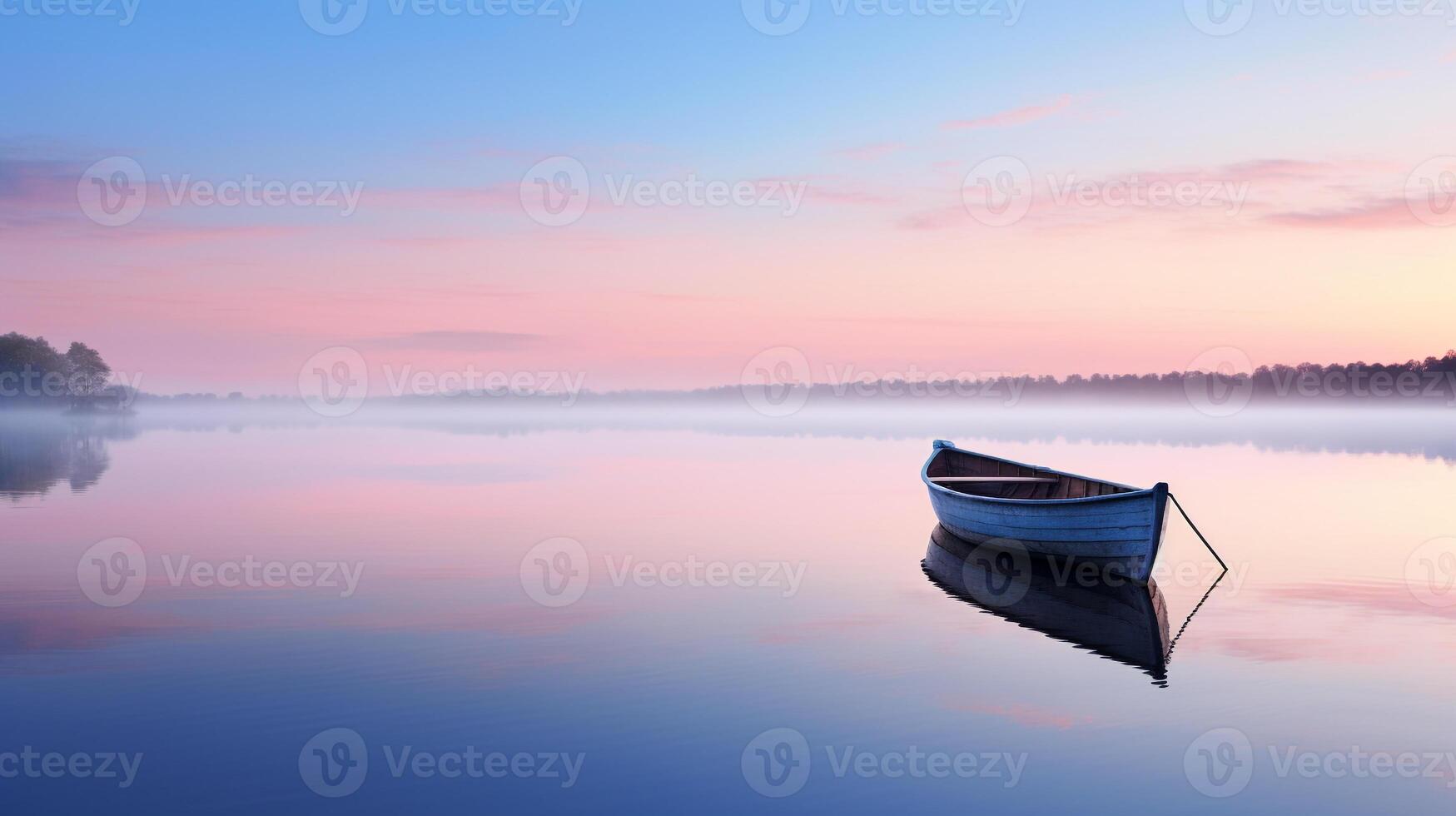 Peaceful dawn over a calm lake with a solitary rowing boat in the distance photo