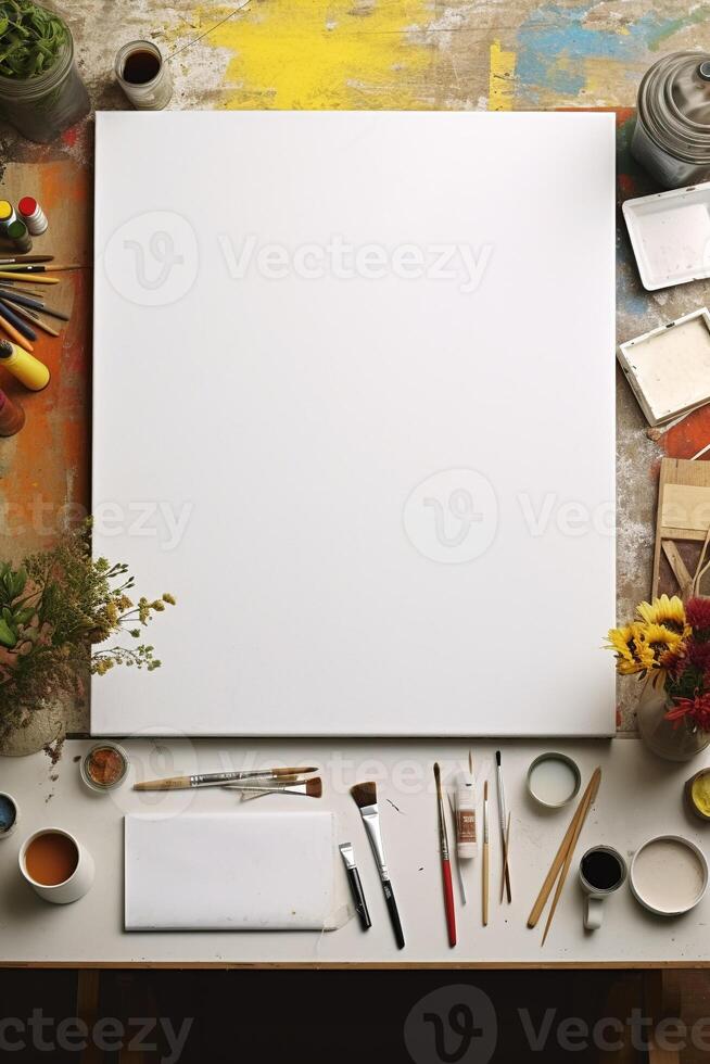 Artist's workspace with blank canvas and art supplies photo