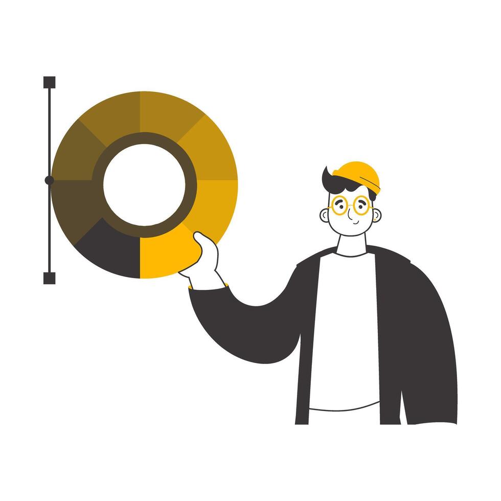 The designer guy holds a color wheel in his hands. Line art style. Isolated on white background. Vector. vector