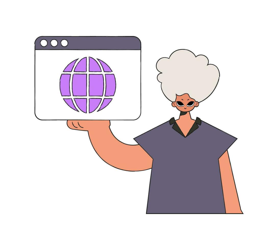 A bright and stylish illustration of a man holding a browser window in his hands. Modern character style. vector